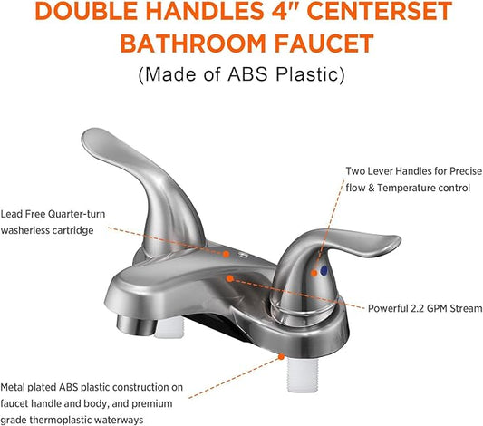 Bathroom Sink Faucets 2/3 Hole,Brushed Nickel Dual Handles 4 inch Plastic Plating Over Bathroom Faucet with Pop-up Drain and 2 Supply Hoses for Apartment Rvs Sink Vanity
