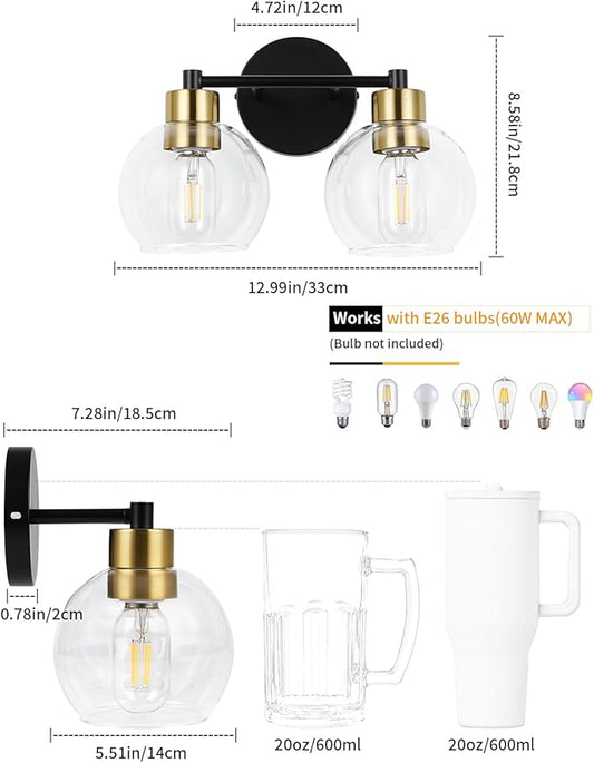 WILON 2-Light Bathroom Vanity Light Fixture Over Mirror, Black and Gold Sconces with Clear Globe Glass Shades, E26 Base Wall Lamp for Living Room Bedroom Stairway