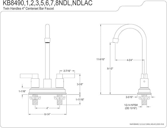 Kingston Brass KB8490NDL NuvoFusion Two-Handle 2-Hole Deck Mount Bar Faucet in Matte Black