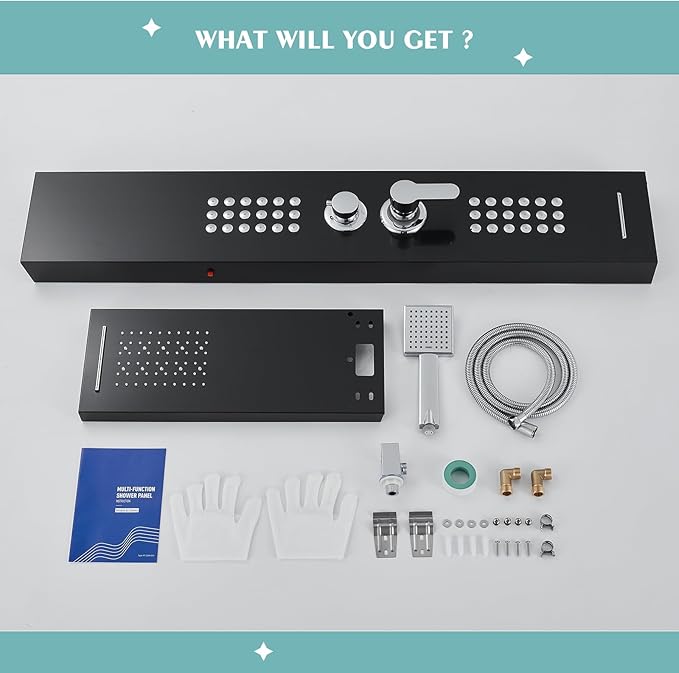 LED Shower Panel Tower System Black with Rainfall Waterfall Shower Head, 5-in-1 Shower Tower with Powerful Body Jets, Handheld Shower and Tub Spout, High Pressure Shower Column Stainless Steel