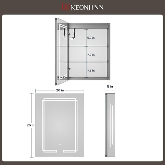 Keonjinn 20 x 26 Inch Lighted Medicine Cabinet Mirror, Bathroom LED Medicine Cabinet with Lights, Adjustable Shelves, Tempered Glass, UL-Listed, Dimmable, No Outlets, Defogging, Wall Mount Only