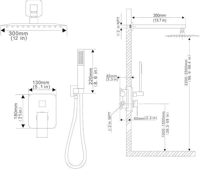 Oil Rubbed Bronze rain Shower Faucet Set Shower System 12 Inches Square Shower Head with Handheld, Waterfall Showerhead, All Metal Shower Faucet Trim Repair Kits (Contain Shower Valve)