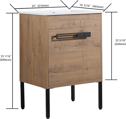 24 Inch Bathroom Vanity with Sink, 24'' Freestanding Vanity Cabinet with Ceramic Basin, 2 Soft-Closing Doors, Waterproof Plywood, Modern Storage for Small Bathroom, Apartment, 00324IMO+9060B