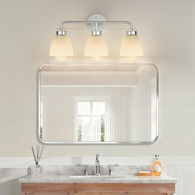 21 Inch Mid-Century Modern Vanity Lights, 3-Light Silver Bathroom Light Fixture with Frosted White Bell Shades, Industrial Wall Sconce for Mirror Over Vanity, Bedroom, Hallway
