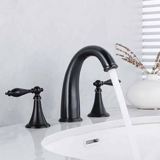 SaniteModar Matte Black Bathroom Sink Faucet,Brass Bathroom Faucet 3 Hole,Widespread Bathroom Faucet for Sink 3 Hole,2 Handles Design with Water Supply Lines