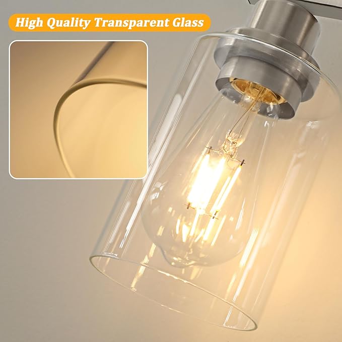 4-Light Bathroom Light Fixtures, Modern Vanity Lights with Clear Glass Shades, Brushed Nickel Bathroom Wall Lamp for Mirror Living Room Cabinet Bedroom