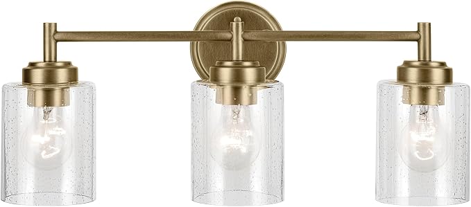 Kichler Winslow 3-Light Farmhouse Vanity Light, Natural Brass | Clear seeded glass vanity light with industrial styling (21.5" x 9.25"), 45886NBR