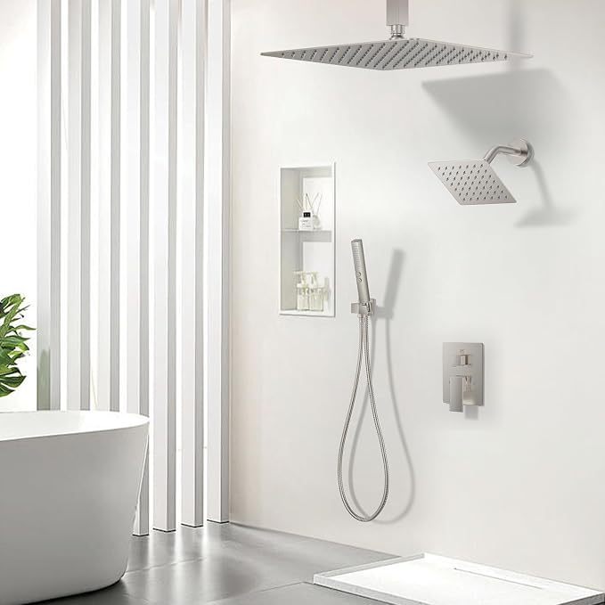 Rain Shower System 12" & 6" Dual Shower Heads Ceiling Shower Faucet Set | Ideal for bathroom remodels and upgrades with 12" rain shower, 6" angled shower, handheld spray and complete valve kit.