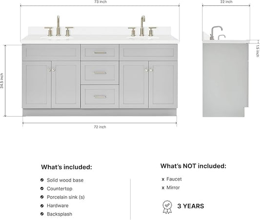 ARIEL Hamlet 72-inch Bathroom Vanity with Sink,Solid Wood, 1.5-inch Pure White Quartz Countertop & Backsplash, Double Oval Porcelain Sink, 4 Soft Closing Doors, 3 Dovetail Drawers, Grey