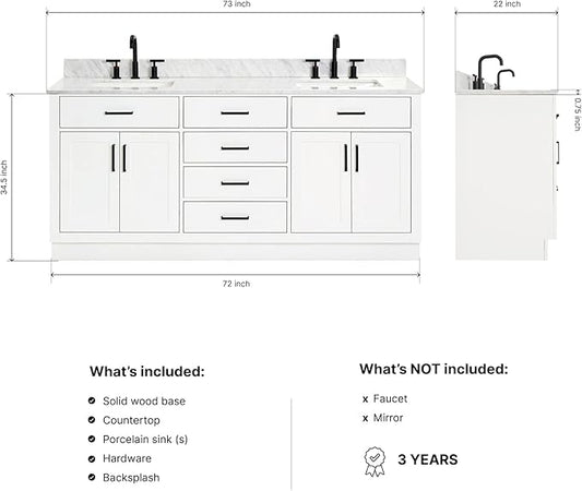 ARIEL Hepburn 72-inch Bathroom Vanity with Sink,Solid Wood, 0.75-inch Italian Carrara Marble Countertop, Double Rectangular Porcelain Sink, 4 Soft Closing Doors, 6 Dovetail Drawers, White
