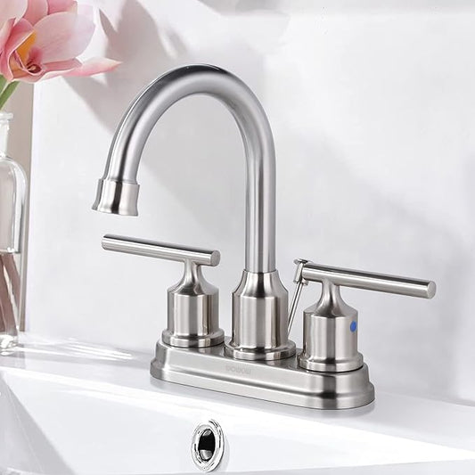 WOWOW 4 Inch Bathroom Faucet 3 Hole Brushed Nickel Bathroom Sink Faucet Centeret Basin Faucet 2 Handle RV Sink Tap Modern Vanity Taps with Drain and Hose