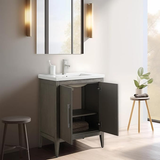 Vanity Art 24 inch Bathroom Vanity with Single Sink & Ceramic Top, Vanity Cabinet with Soft-Closing Doors, Solid Wood Frame, Driftwood Gray, VA9024-DG-GB1