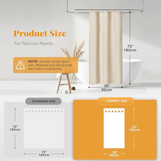 Stall Linen Textured Waterproof Shower Curtain Set, 36x72, Beige/Cream | Half Size, 230GSM Polyester, Heavy Duty Fabric, Weighted Hem, 6 Plastic Hooks, Modern Luxury Hotel Style, Machine Washable