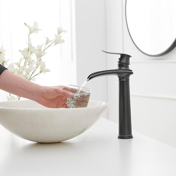 BWE Bathroom Vessel Sink Faucet Waterfall Spout Single Handle One Hole Oil Rubbed Bronze Tall Vessel Lavatory Vanity Faucet with Pop Up Drain Assembly and Supply Hose