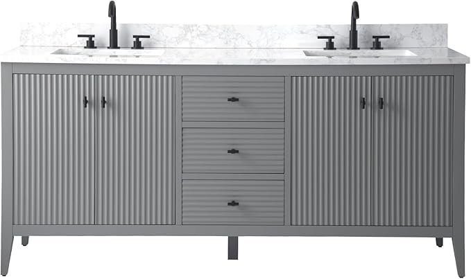 Vanity Art 72 inch Bathroom Vanity with Double Sink & Ceramic Top, Vanity Cabinet with Soft-Closing Door, Solid Wood Frame, Linear Pattern, Cashmere Gray, VA9172-DG-MB,Matte Black Handles