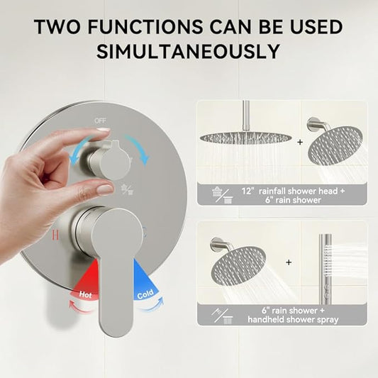 Shower Systems Shower Faucet Sets STARBATH 3 Way 12+6" Round Dual Rainfall Shower Head with Handheld Spray, Ceiling Mounted Rain Shower Valve with 5 Diverter and Trim Kit Complete, Brushed Nickel