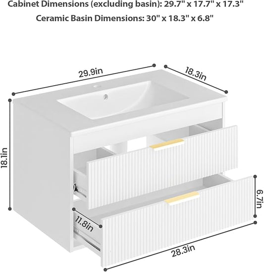 30" Bathroom Vanity Cabinet with Ceramic Sink, Wall-Mounted Floating Vanity, Integrated Sink, 2 Large Storage Drawers, with Sensor LED Light, Metal Handles, for Small Bathroom, Home, Spa, Hotel, White