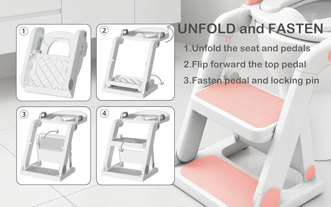 Potty Training Seat with Step Stool Ladder for Kids Girls, Pink | Pre-assembled, 2-in-1, Toddler Toilet Seat, Anti-Slip Foldable Steps, Splash Guard, Adjustable, Potty Ladder for Toddler 1-3