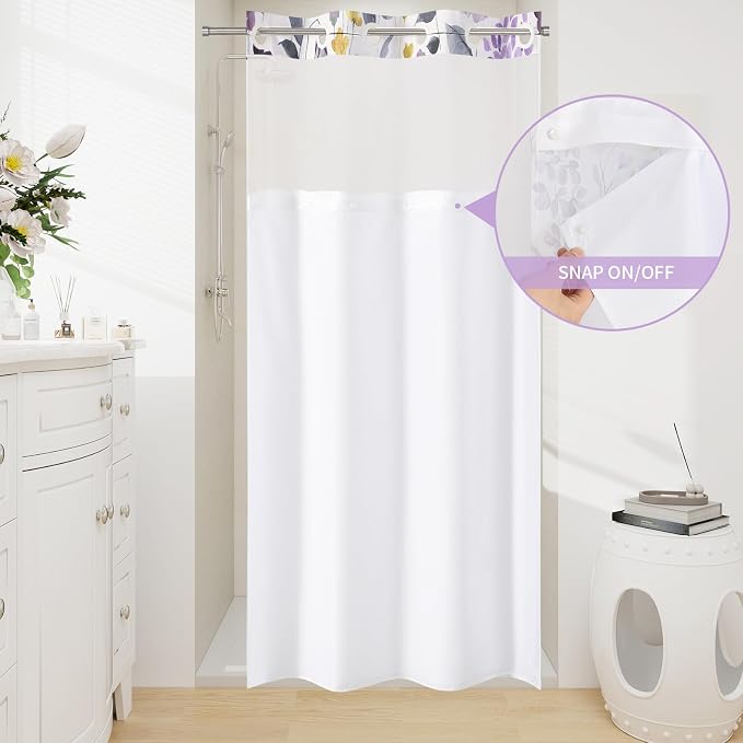 No Hook Purple Watercolor Floral Shower Curtain and Liner Set, 36x74 | Spring Flower Shower Curtains with Snap-in Liner for Farmhouse Bathroom Decor, Botanical Bathroom Curtain with Leaves