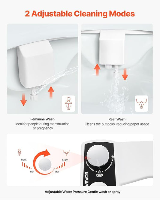 VEVOR Bidet Attachment for Toilet, Non-Electric Bidet Toilet Seat Attachment - Dual Retractable Nozzles, Adjustable Water Pressure, Easily Installed Cold Water Sprayer for Rear Feminine Wash, White