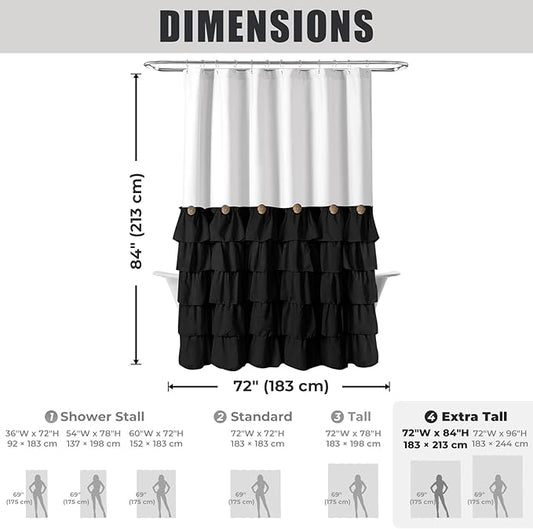 Seasonwood Black and White Farmhouse Shower Curtain 72 x 84 Black Ruffle Shower Curtain with Vintage Buttons, Rustic Decorative Fabric Shower Curtains