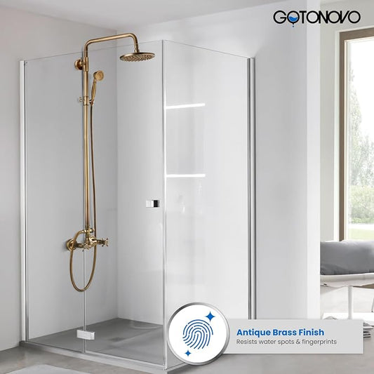 gotonovo Exposed Shower System 8’’ Head with Handheld Antique Brass | Brass Exposed Bathroom Shower Faucet Set Fixture,6’’ Hole Distance,2 Cross Handle,Adjustable Height,Wall Mount Indoor/Outdoor