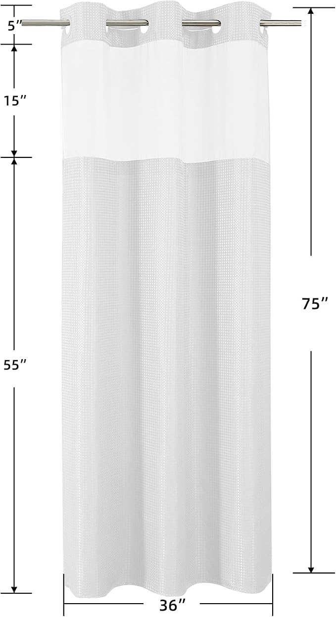 Colorful Star White No Hook Waffle Shower Curtain with Liner, 36 x 75 Inch | Snap-In Fabric Liner, Mesh Top Window, Heavy-Duty Waffle Fabric, Waterproof Hotel Style Shower Curtain for Bathroom