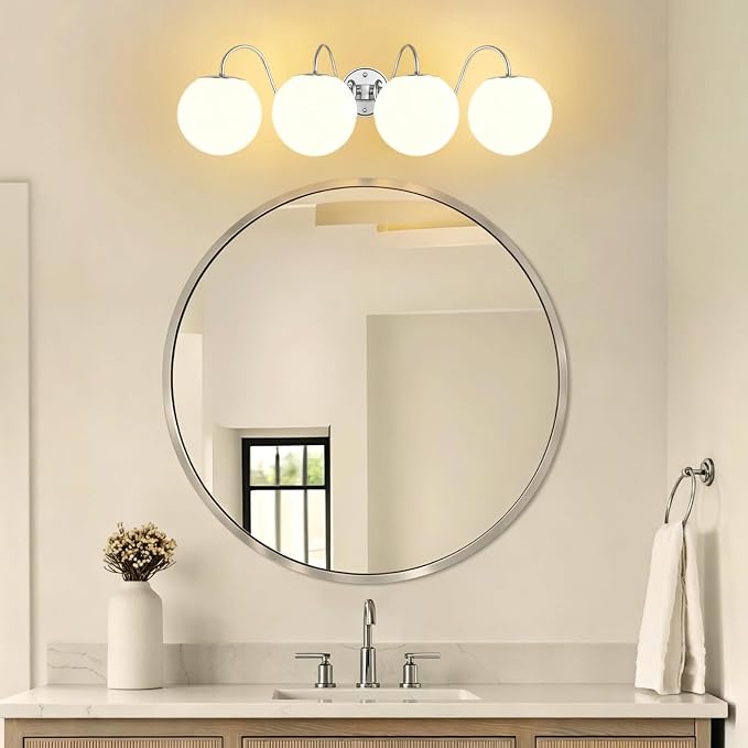 4 Lights Vintage Bathroom Vanity Light Fixtures Over Mirror, Brushed Nickel Vanity Lights For Bathroom With Milk White Glass Globe Shade, Wall Lights For Bedroom, Hallway, Dressing Table(G9 Incl.)