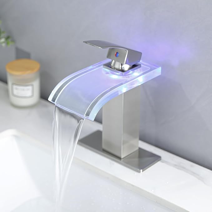 LED Bathroom Sink Faucet, Brushed Nickel Waterfall 1 Hole Single Handle Wide Glass Spout, Vanity Faucets for Sinks with Pop Up Drain Parts