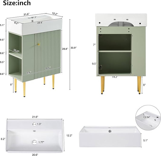 22" Small Bathroom Vanity with Sink, Morden Bathroom Vanities with Soft-Close Door and Open Shelf, Freestanding Narrow Vanity for Compact Space-Saving Bathrooms (Green,22" Freestanding Left Shelf)