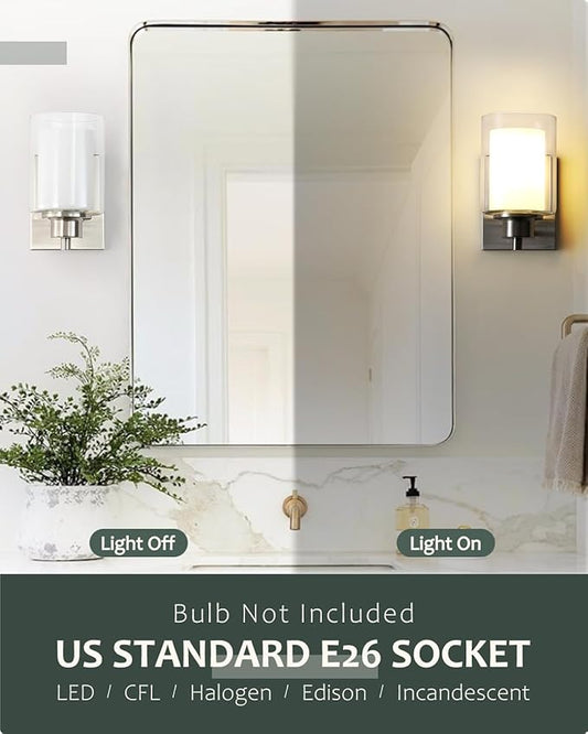 3 Pack Bath Vanity Light Fixtures 1-Light, Indoor Brushed Nickel Wall Light with Dual Glass Shade, Farmhouse Bathroom Wall Scone