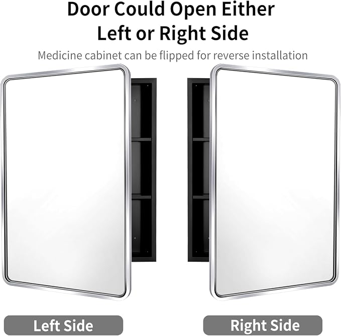 Movo Medicine Cabinet with Mirror, 20x28 Inch Farmhouse Metal Framed Rectangle Bathroom Mirror Cabinet, Recess or Surface Mount Installation Chrome