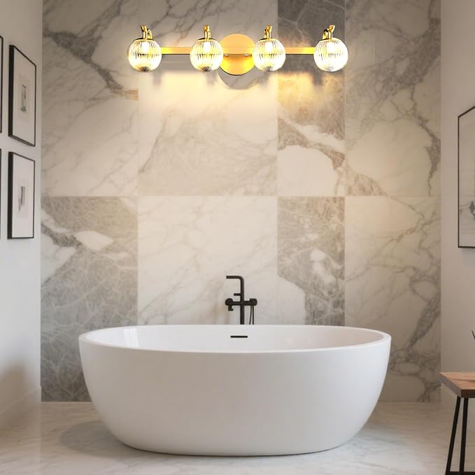 Lightdot Upgrade 4 Light Bathroom Vanity Light, 26" Modern Gold Vanity Lights with Waterproof Crystal Ribbed Lampshade, Rust-Proof Bathroom Light Fixtures Over Mirror for Kitchen Hallway Cabinet