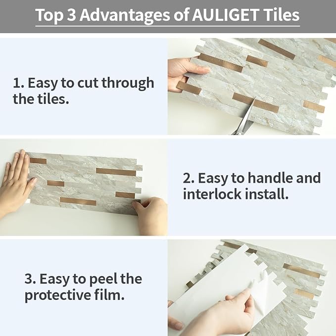 AULIGET 20 Sheets Faux Stone Peel and Stick Backsplash, Light Brown Marble Look PVC Wall Tiles Stick on Backsplash for Kitchen