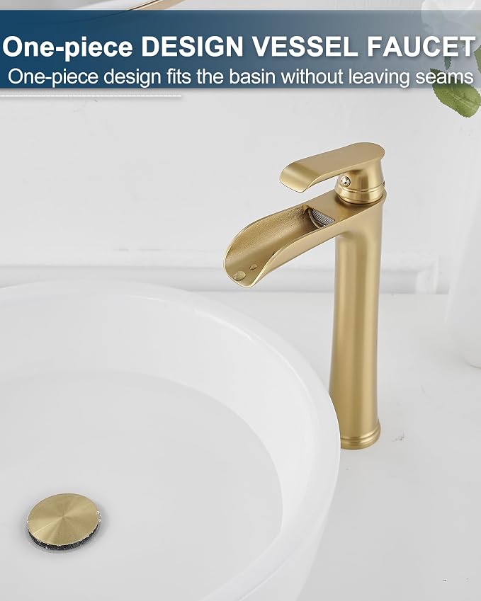 Vessel Sink Faucet, Tall Brass Waterfall Bathroom Faucet 1 Handle Gold Faucets for Bathroom Vanity 1 Hole with Pop-Up Drain & Supply Hoses