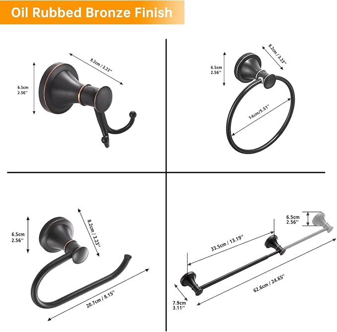 Hoimpro Oil Rubbed Bronze Bathroom Accessory Set, 4-Piece Wall Mount Hardware with Adjustable Towel Bar Rack, Towel Ring, Paper Towel Holder, Double Towel Hooks