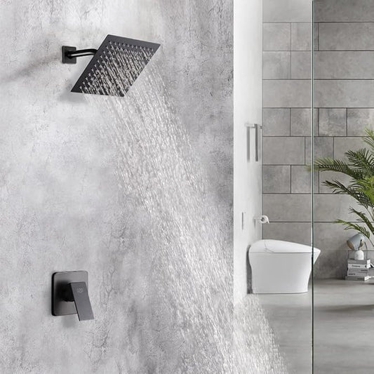 Matte Black Shower Faucet Set, Bathroom Rainfall Shower System with Stainless Steel Metal Showerhead, Single Function Shower Trim Kit with Rough-in Valve