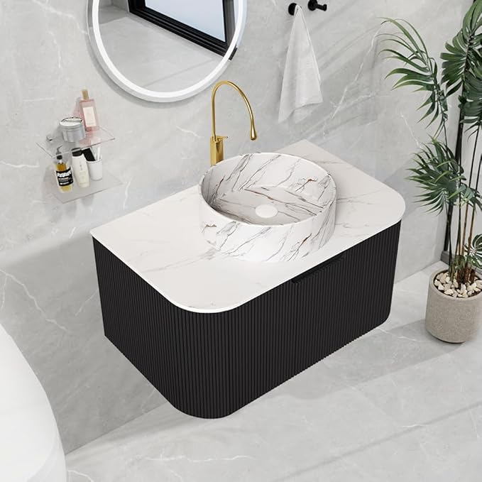 LKTART 30 Inch Floating Bathroom Vanity with Sink, Modern Wall Mounted Bathroom Storage Cabinet with Drawer, Stone Pattern Round White Ceramic Sink Top and Marble Texture Top, Black