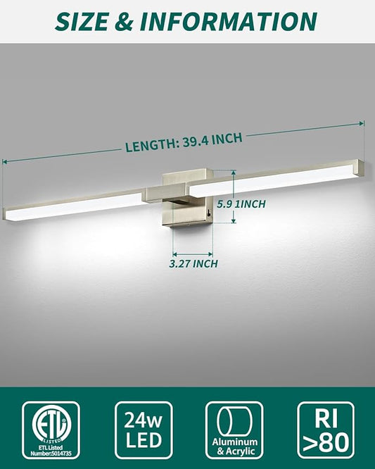 OKELI Modern Bathroom Light Fixtures Over Mirror, 40 Inch Brushed Nickel Vanity Light Bar for Bathroom, 24W 5CCT Diammable Wall Light
