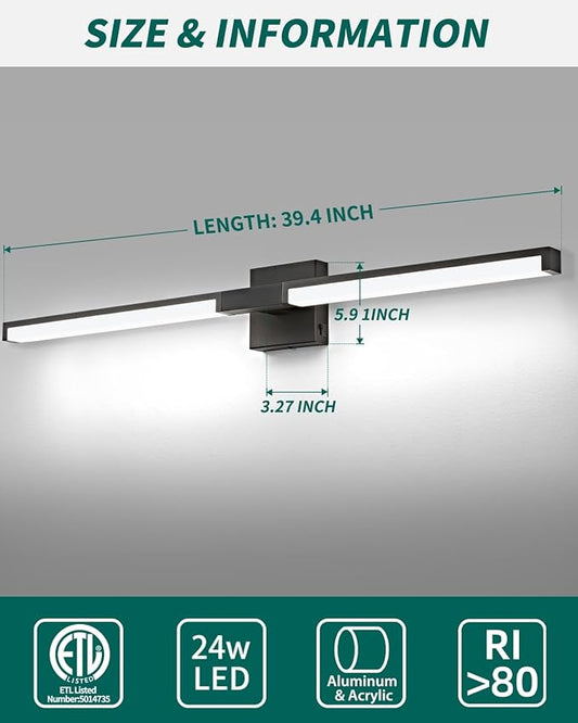OKELI Modern Bathroom Light Fixtures Over Mirror, 40 Inch Matte Black Vanity Light Bar for Bathroom, 24W 5CCT Diammable Wall Light