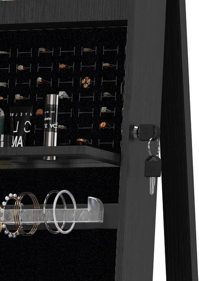 Lockable Mirror Jewelry Cabinet Standing, Full Length Mirror with Storage, 360° Swivel Jewelry Organizer Armoire, Black