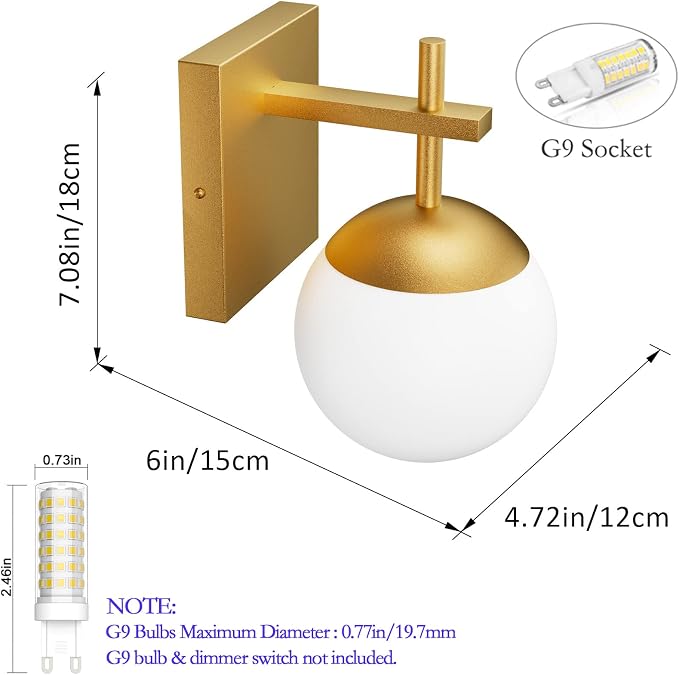 Ralbay Gold Wall Sconce, Mid Century Modern Gold Wall Light Fixtures Milky Glass Indoor Wall Lamp for Home Decor Bathroom Kitchen Living Room Vanity Hallway, Gold 1 Light (Exclude Bulb)