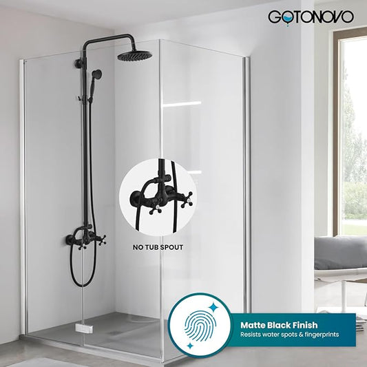 gotonovo Exposed Bathroom Shower Faucet Set Shower Fixture 8 Inch Rainfall Shower Head Handheld Shower Cross Handle Wall Mount 2 Functions Matte Black