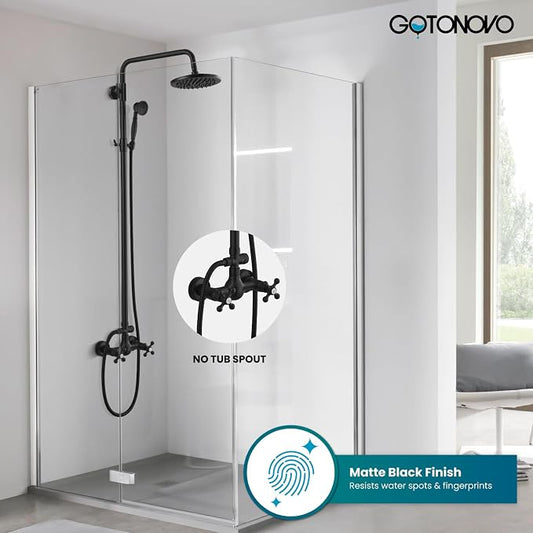 gotonovo Exposed Shower System 8’’ Head with Handheld Matte Black | Brass Exposed Bathroom Shower Faucet Set Fixture,6’’ Hole Distance,2 Cross Handle,Adjustable Height,Wall Mount Indoor/Outdoor
