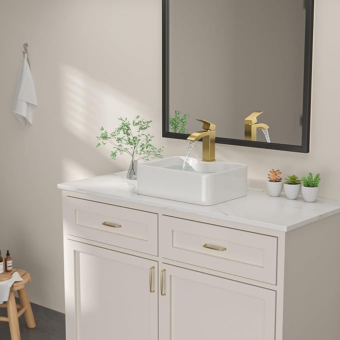 Dcolora 16 in. White Vessel Sink, Rectangular Porcelain Ceramic Above Counter Sink, Small Bathroom Sink with Gold Accessories,12"D x 16"W x 5"H #DC-SFDOE00084