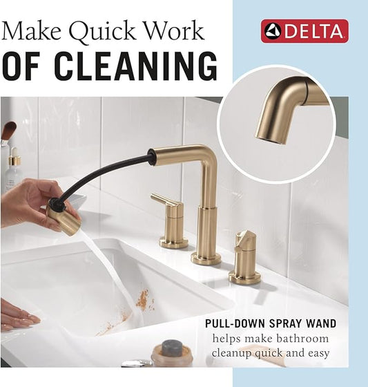 Delta Nicoli Brushed Gold Bathroom Faucet with Sprayer, 8 Inch 3 Hole Widespread Bathroom Sink Faucet with Pull Out Sprayer, Push-Pop Drain, Champagne Bronze 35849LF-CZPD