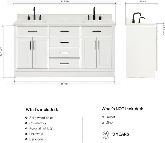 ARIEL Hepburn 66-inch Bathroom Vanity with Sink,Solid Wood, 1.5-inch Pure White Quartz Countertop & Backsplash, Double Rectangular Porcelain Sink, 4 Soft Closing Doors, 6 Dovetail Drawers, White