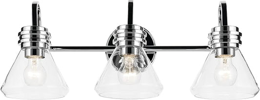 Kichler Farum 26" 3-Light Vanity Light with Clear Glass in Chrome, for Single or Double Vanity, Over a Mirror, Powder Room, Bathroom, (26" W x 9.5" H), 55155CHCLR