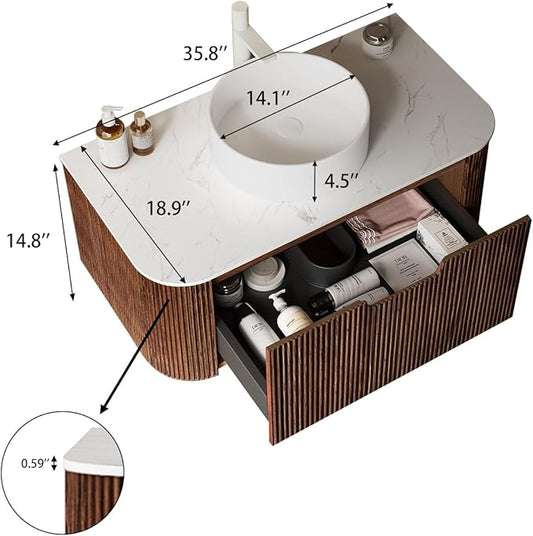Yayzy 36" Floating Bathroom Vanity with Sink, Solid Wood Fluted Cabinet, White Round Ceramic Basin & Faux Marble Top, Soft-Close Drawer, Pre-Assembled, Walnut Woodgrain