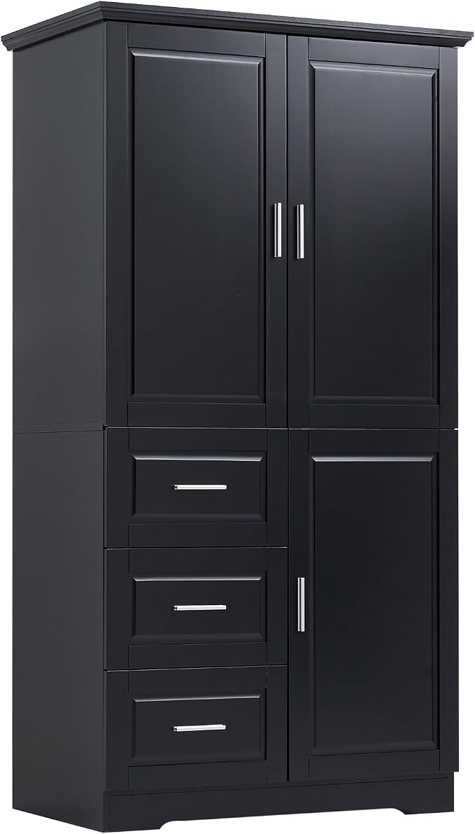 Merax 62.2" Pantry Cabinet with Three Doors & Three Drawers, Adjustable Shelves Storage Cupboard for Kitchen/Dining Room/Bathroom, Black